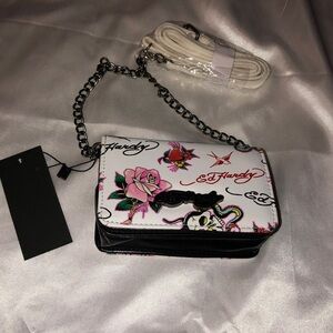 Ed Hardy White Faux Leather Mini Crossbody Bag Skull, Floral, Heart Print NWT